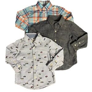 Lot of 3 Boys Toddler Collared Dress Shirts Size 2T 2/3T EUC Plaid Chambray Cars